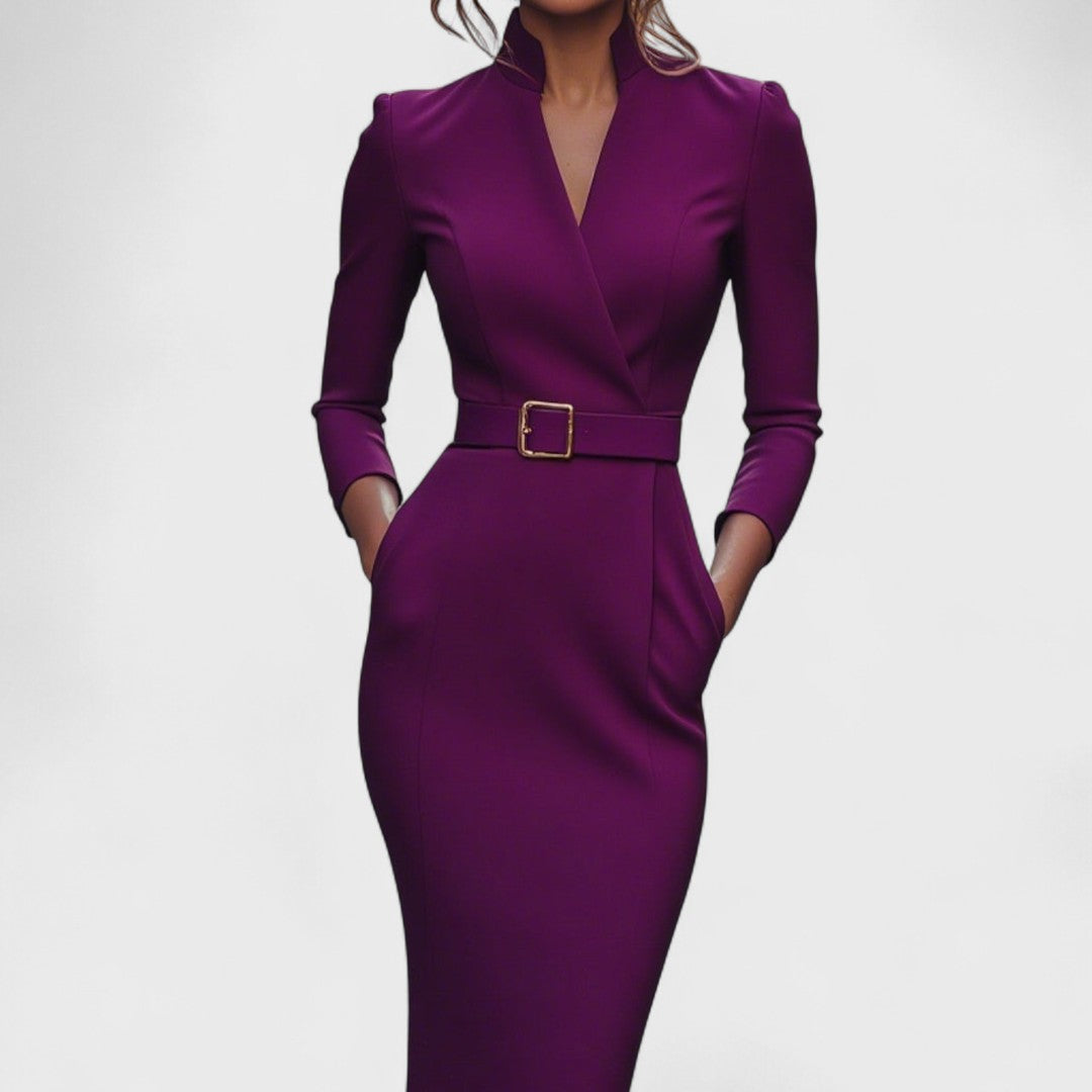 Hana | Rochie Elegantă Neagră cu Curea și Guler