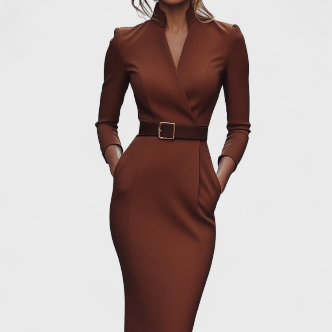 Hana | Rochie Elegantă Neagră cu Curea și Guler