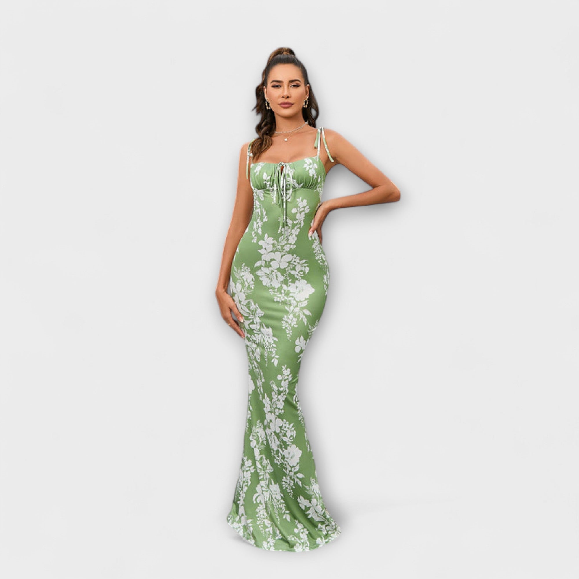 Thalia - Rochie de Bal cu Model Floral și Bretele Tricotate