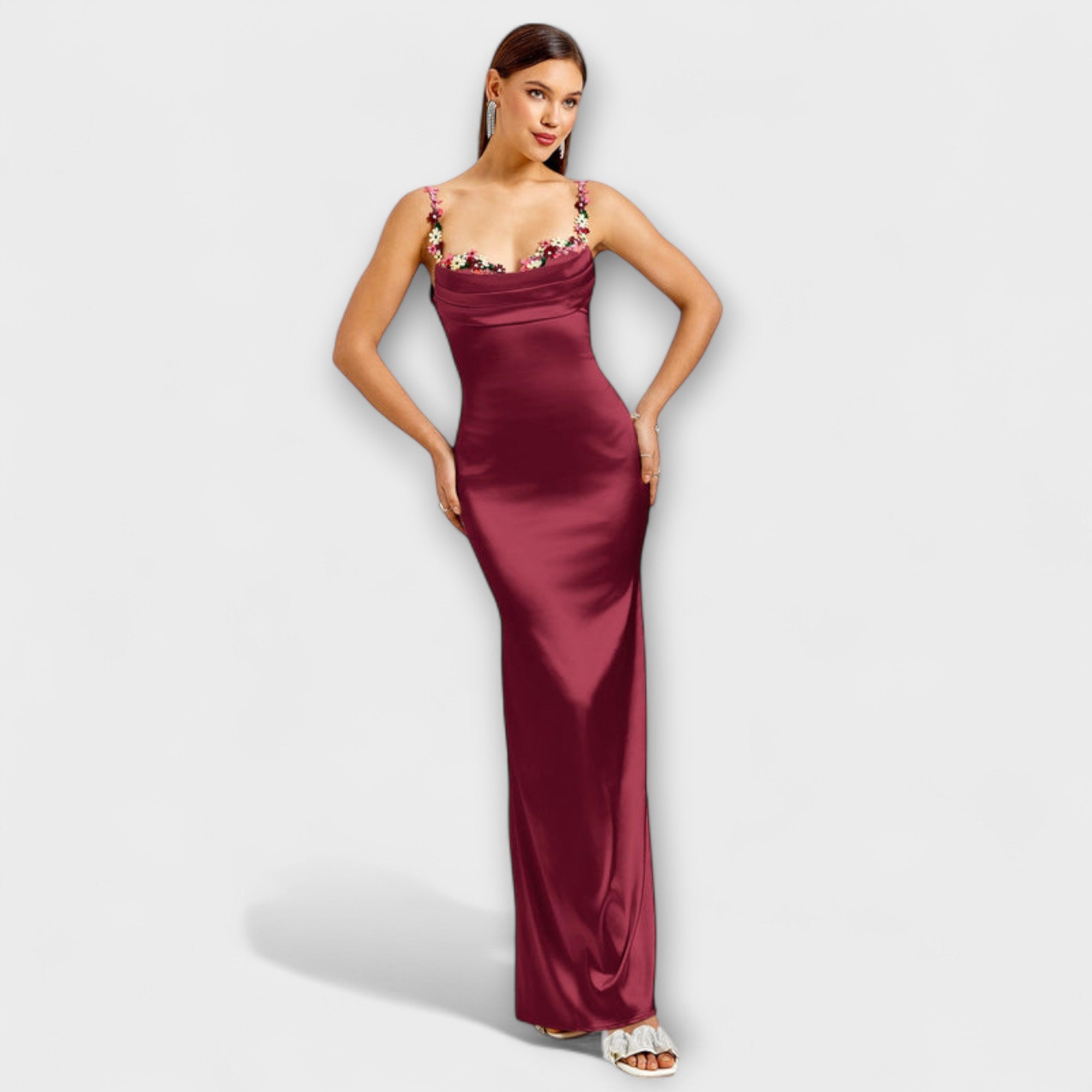 Eira - Rochie din Satin Decorat cu Siret la Spate
