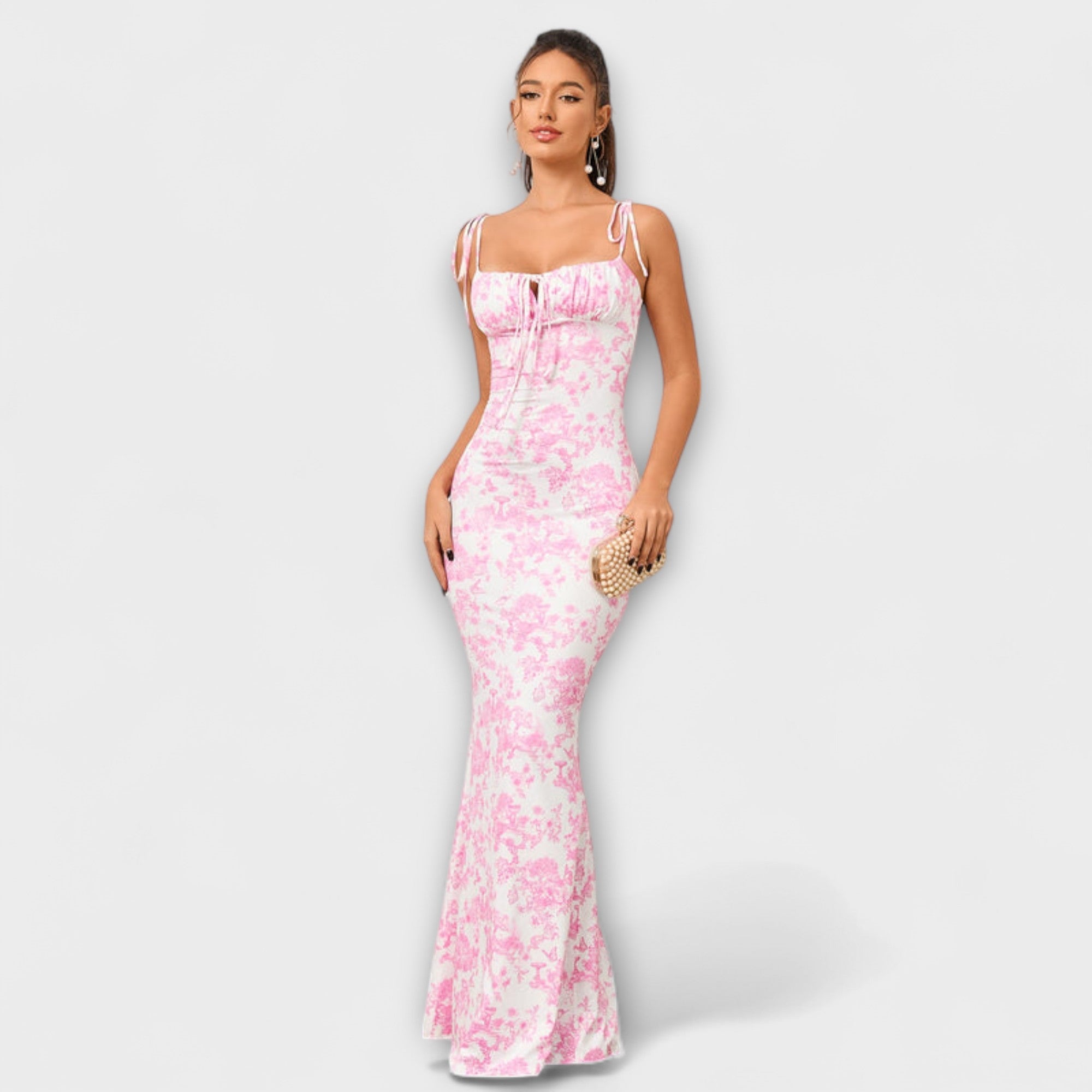 Thalia - Rochie de Bal cu Model Floral și Bretele Tricotate