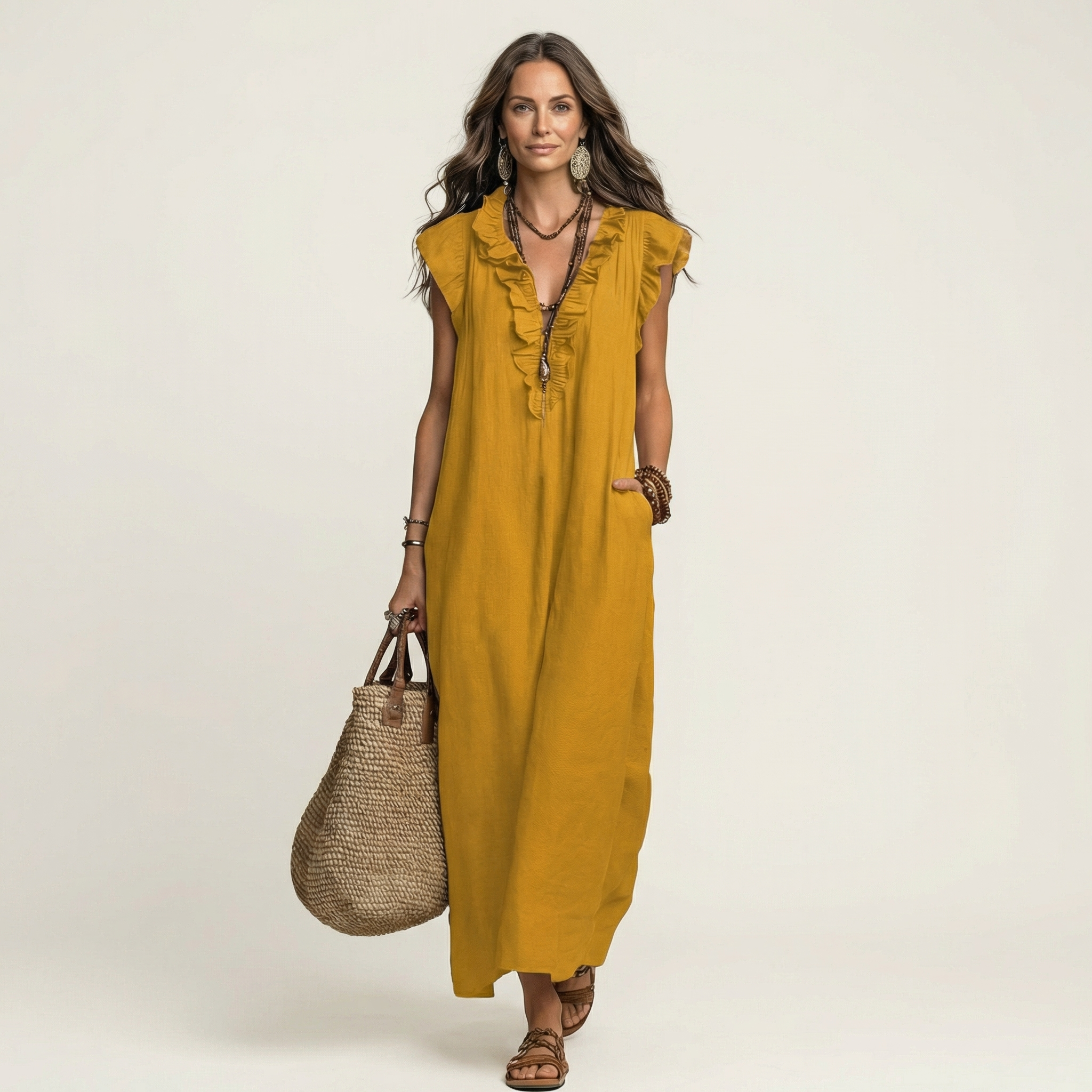 Josette | Rochie Maxi din Bumbac cu Dantelă și Decupaj în V